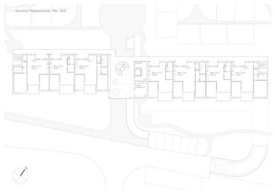Regelgeschoss mit Gemeinschaftszone Regelgrundriss Alterswohnen Remetschwil WBW Studien